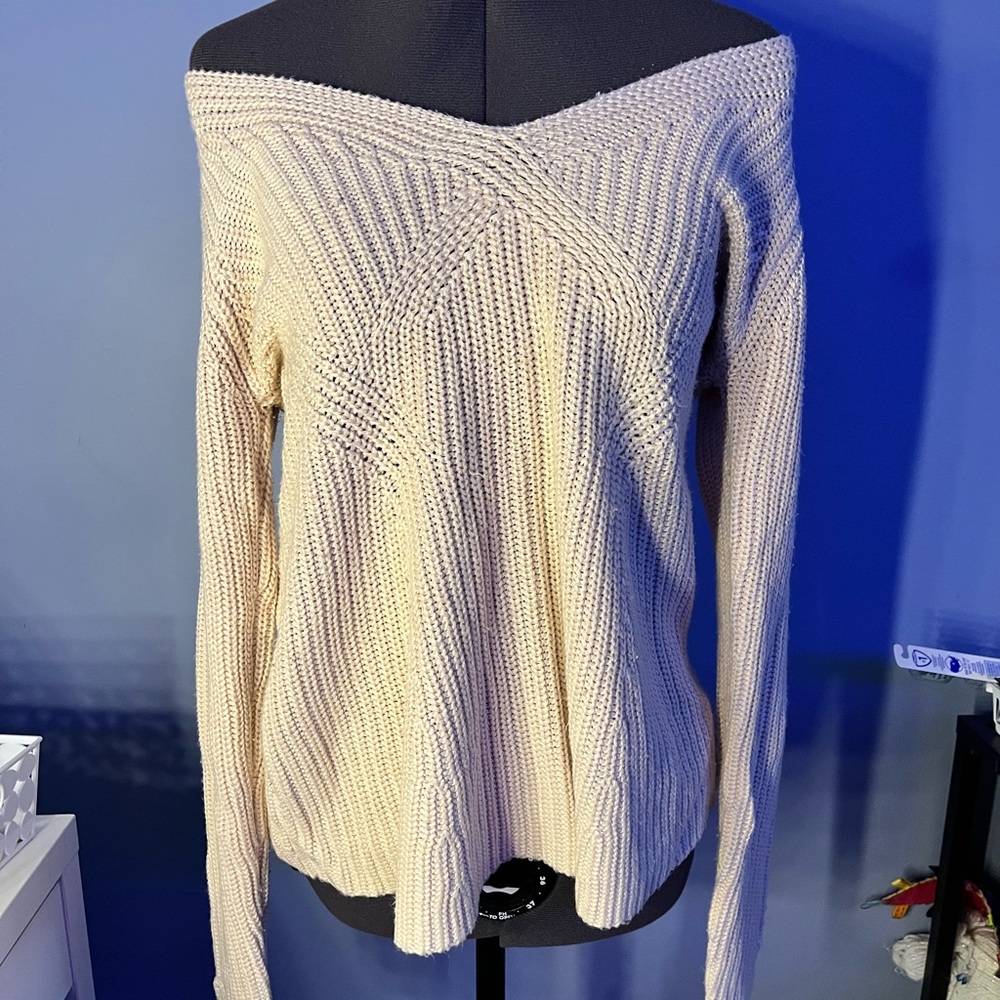 Chic Cream Off-the-Shoulder Sweater with Ribbed Texture